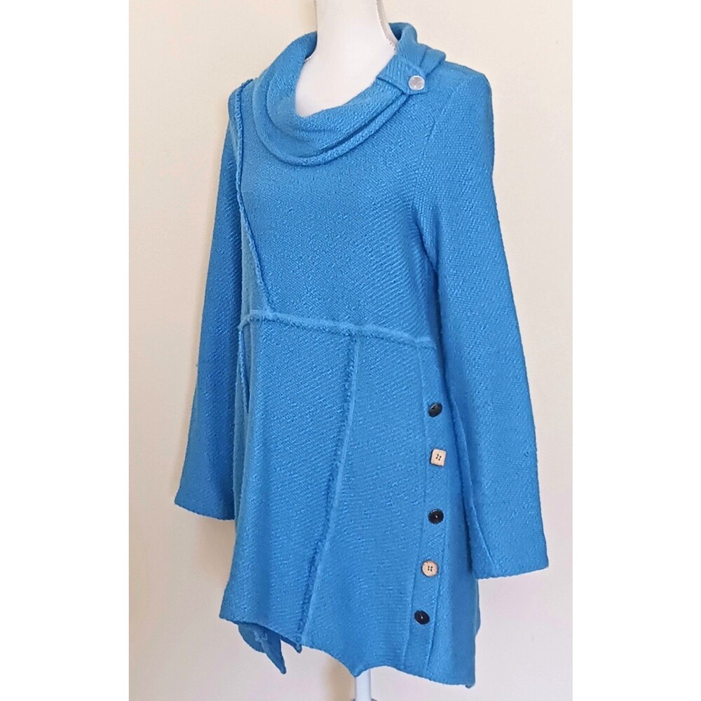 Soft Surroundings Breakwater Pullover Top Cornflower Blue Cowl Neck Button Trim